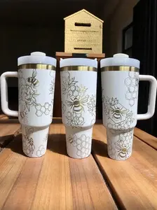 Cream 40oz Tumbler: Gold Bee Laser Engraved Insulated Drinkware