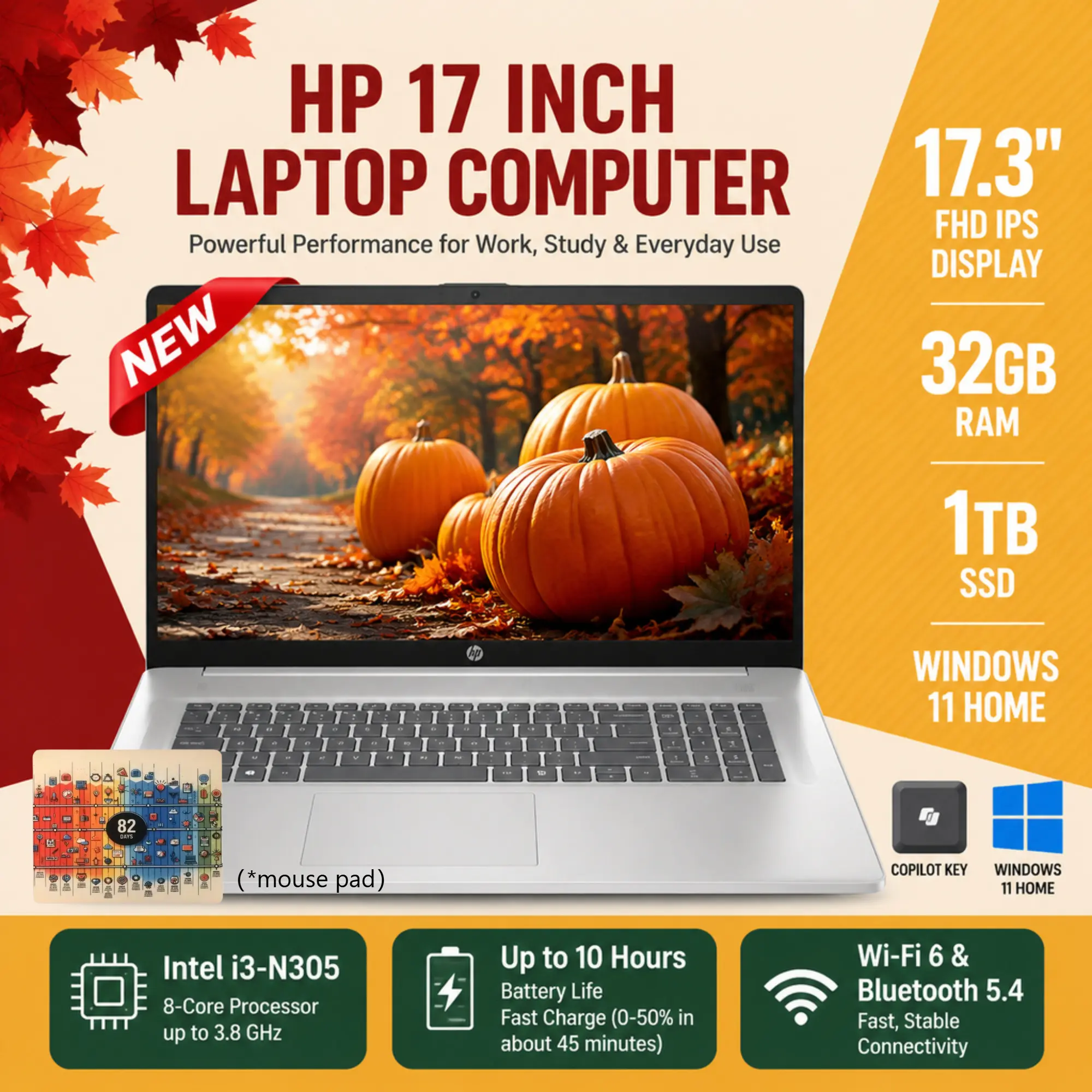 HP 17.3" Full HD IPS Panel Laptop, 8-Core Intel i3-N305, Up to 32GB RAM, 1TB SSD, Windows 11 Home, Fast Charge, Wi-Fi 6, Bluetooth 5.4, HD Webcam, Bundled Accessories Included, for Students & Business