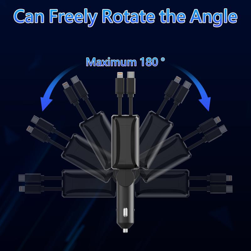 4-in-1 Retractable Car Charger, 60W USB-C Fast Car Phone Charger with Auto-Retractable Cables & Dual Ports, for iPhone, Galaxy S Series, iPad, AirPods & More