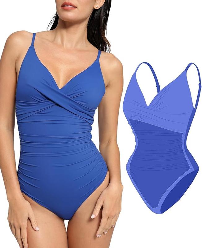 POPILUSH Ruched Cross-Front One-Piece Swimsuit Shapewear with Tummy Control Adjustable Straps High-Waisted Bathing Suit for Pool Beachwear