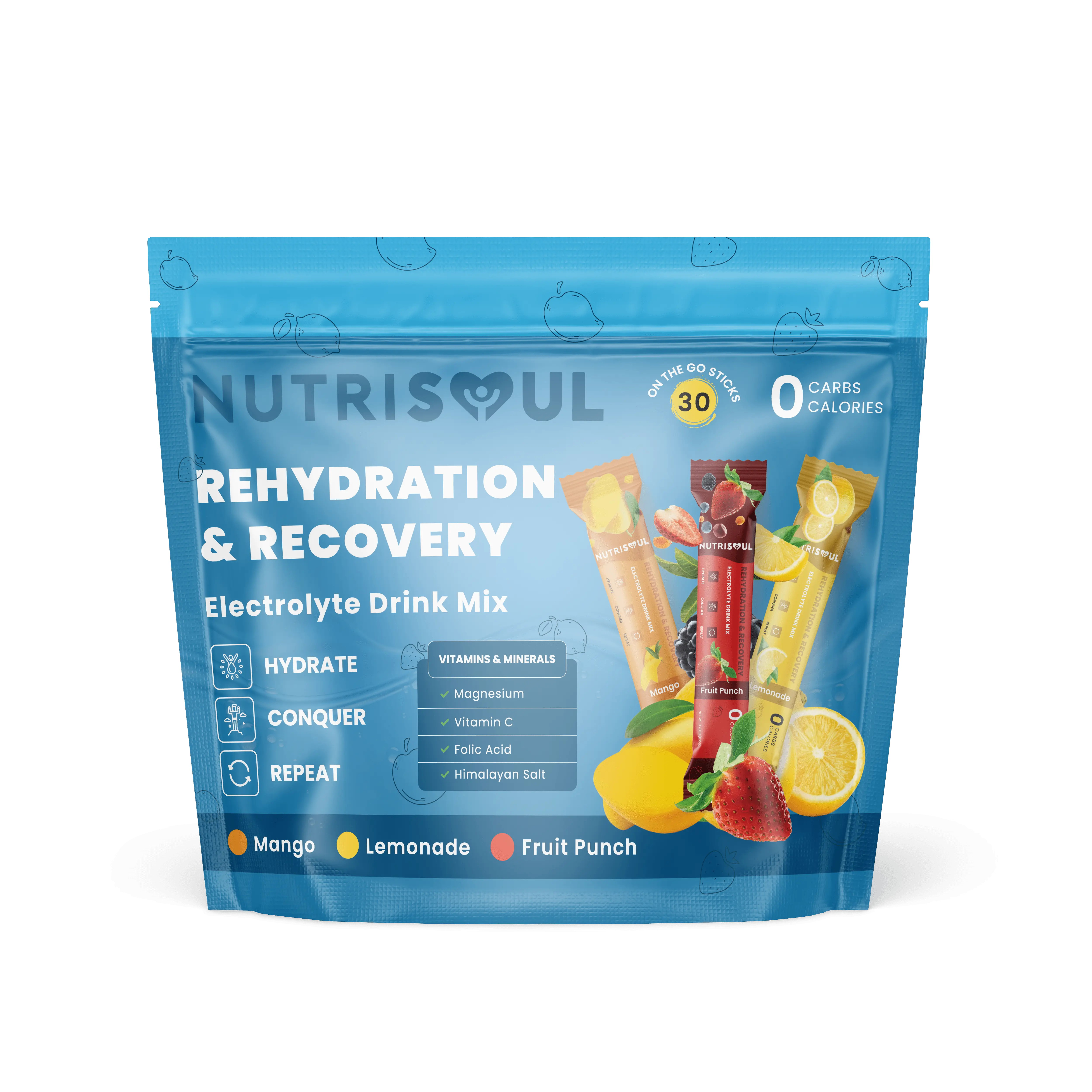 Nutrisoul Electrolytes Powder Sachets Variety Flavoured Drink Zero Sugar Electrolyte Drink 30 Servings Rehydration & Recovery Mix