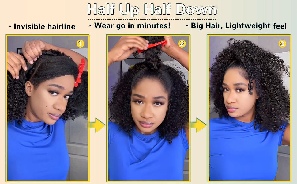 Half Wig Human Hair Glueless Wigs Upgrade 3 IN 1 Half Wig With Drawstring Seamless Clip Ins Flip Over Kinky Curly Half Wig Human Hair 200% Density Wear Go Glueless Wigs 100% Human Hair Wig Beginner Friendly For Women