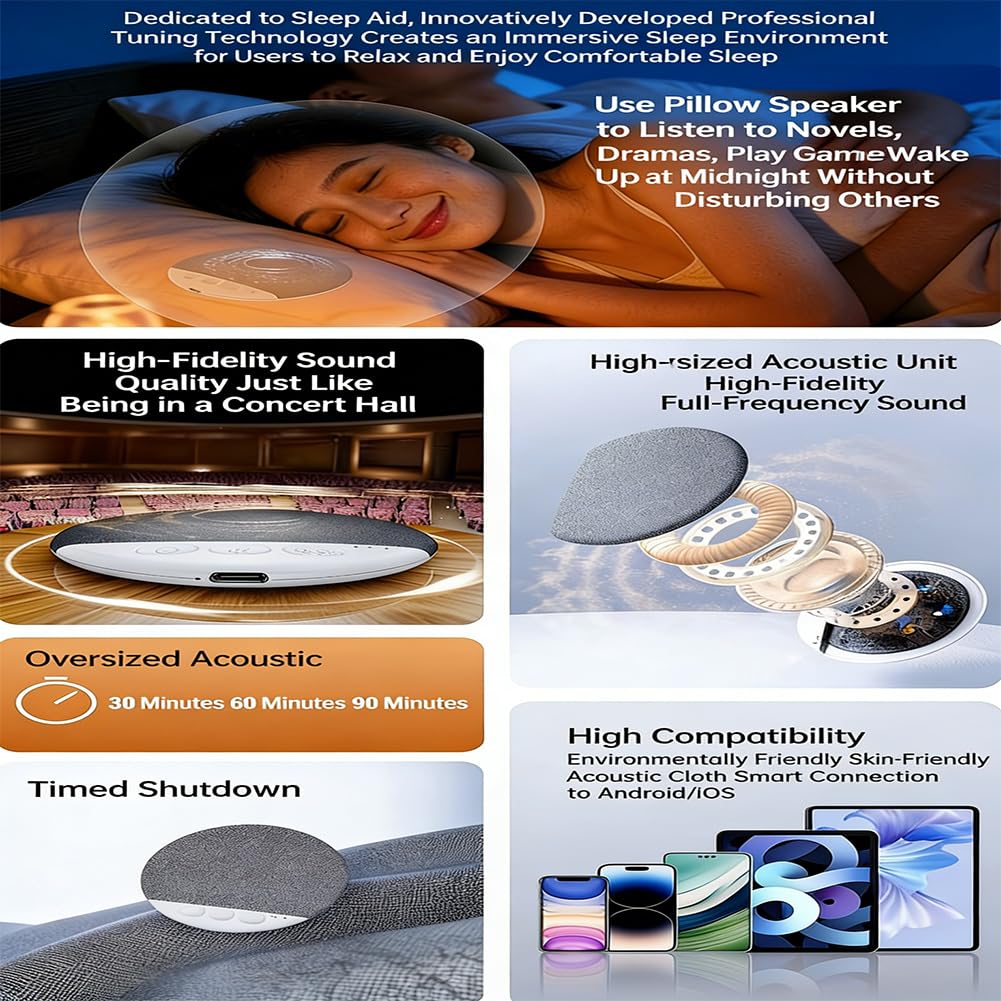 Under Pillow Speaker for Sleeping – Mini Bone Conduction Bluetooth Sleep Aid with Stereo Bass, White Noise, Volume Control, TF Card Support, and Auto-Off Function for Deep Sleep