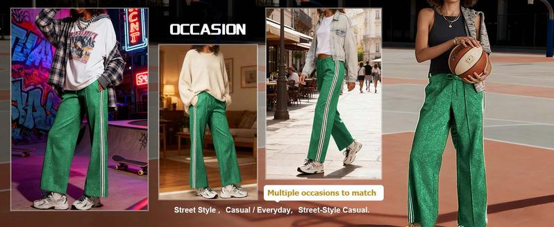 FISOEW Sports Women's Glitter Wide-Leg Sweatpants Elastic Waist Drawstring Pants with Contrast Stripes & Side Pockets Casual Retro Track Pants dark green black  long  pants,Valentine's Day Gift Recommendations