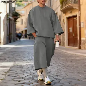 INCERUN Men's Autumn/Winter Loose Sweatshirt Set | Nine-Point Sweatshirt + Seven-Point Pants, Home Casual Wear, Comfortable and Soft  ，。