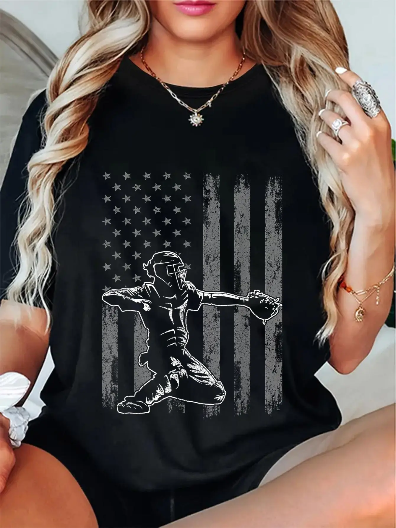 Men's 100% Cotton Short-Sleeve Unisex Baseball Graphic T-Shirt - Streetwear, Everyday Casual Catcher Tee with USA Flag Design, Shortsleeve, Tshirt, Round Neck, Vintage, Unisex Fit, Playful Humor, Menswear, Crew Neck