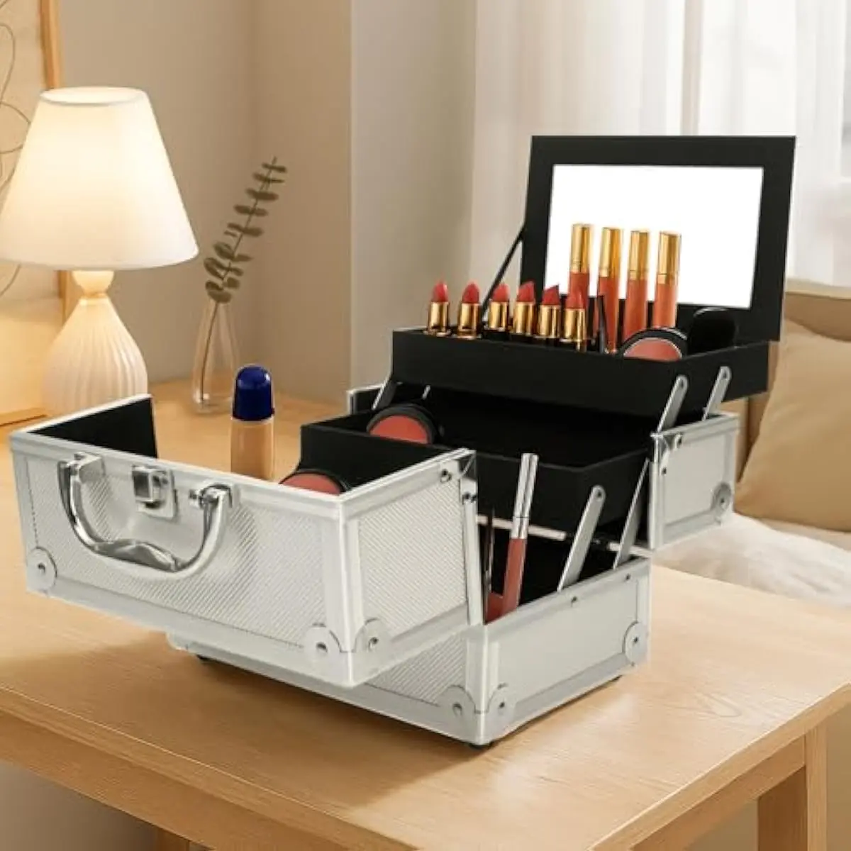 Silver Aluminum Makeup Train Case - Makeup Bag Organizer, Travel Cosmetic Storage, Portable Jewelry & Cosmetic Holder with Mirror, 9"x6"x6", Travel Makeup Organizer