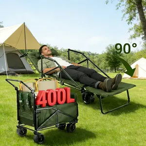 ollapsible Camping Wagon, 2-in1 with Integrated Reclining Lounge Chair, 400L Large Capacity Utility Cart with All-Terrain Wheels, Perfect for Beach, Camping, Fishing, Gardening, and Outdoor Events