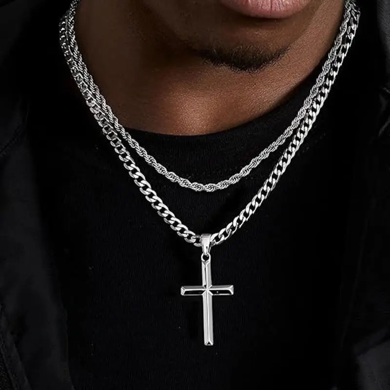 2pcs/set Stainless Steel Cross Necklace for Men - Layered Cross Pendant Necklaces Waterproof Stainless Steel Cuban Link Rope Chain Silver Necklace Stack Jewelry with Gift Bag 22-24 Inches Durable Hip Hop Jewelry for Daily Wear