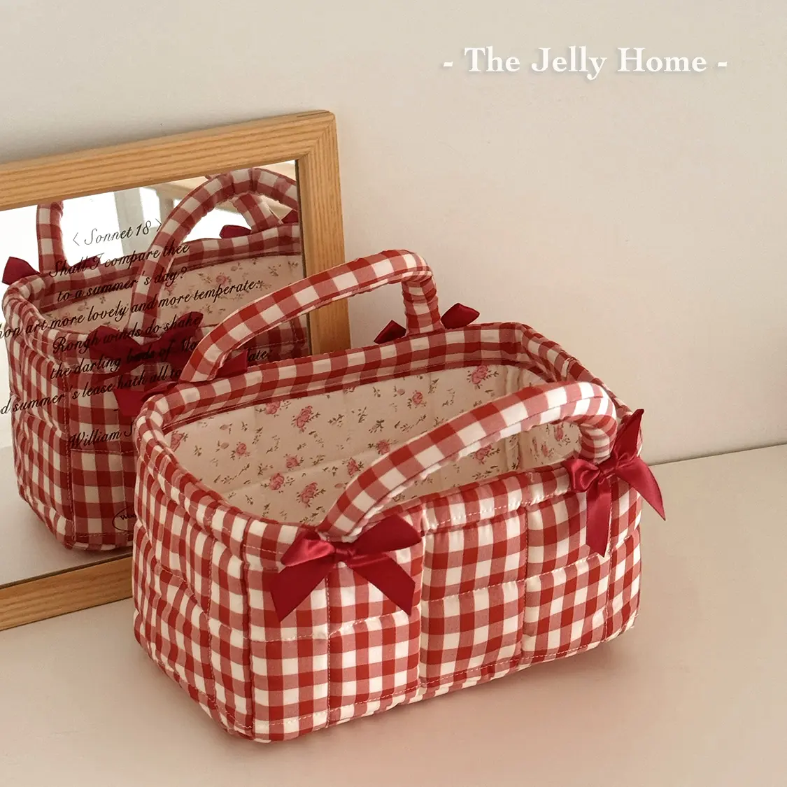 Small Red Grid Fabric Storage Basket with Satin Bows, Retro Desktop Organizer & Home Decor, Ideal Teen Girl Gifts for Dorm Room Storage, Red Grid Storage Basket (Small) - Crimson Grid, Dorm Room Inspo