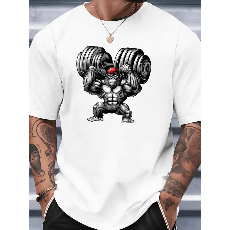 Men's Cotton Unisex Graphic Gym Wear T-Shirt - Quick-Dry, Breathable, Lightweight, Moisture-Wicking Active Tee - Barbell Lift Print Bodybuilding Fitness Top - Machine Washable Athleisure Street Fit Summer Top for Gym, Casual (White/Black)