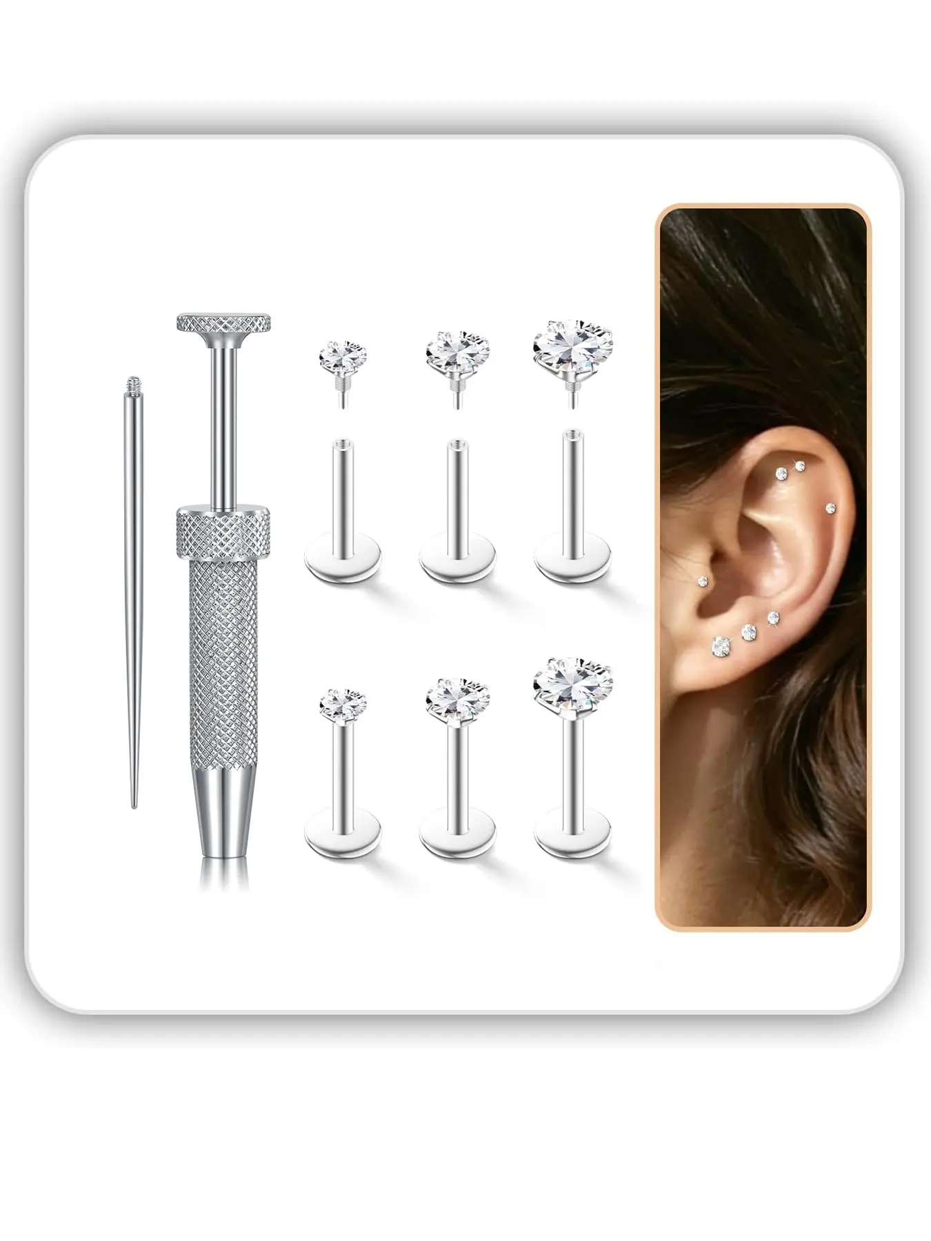 Hypoallergenic 18g Flat Back Stud Earrings Set, Chic Body Jewelry, Surgical Steel Internal Thread Design for Tragus Helix Cartilage Conch Nose Piercings