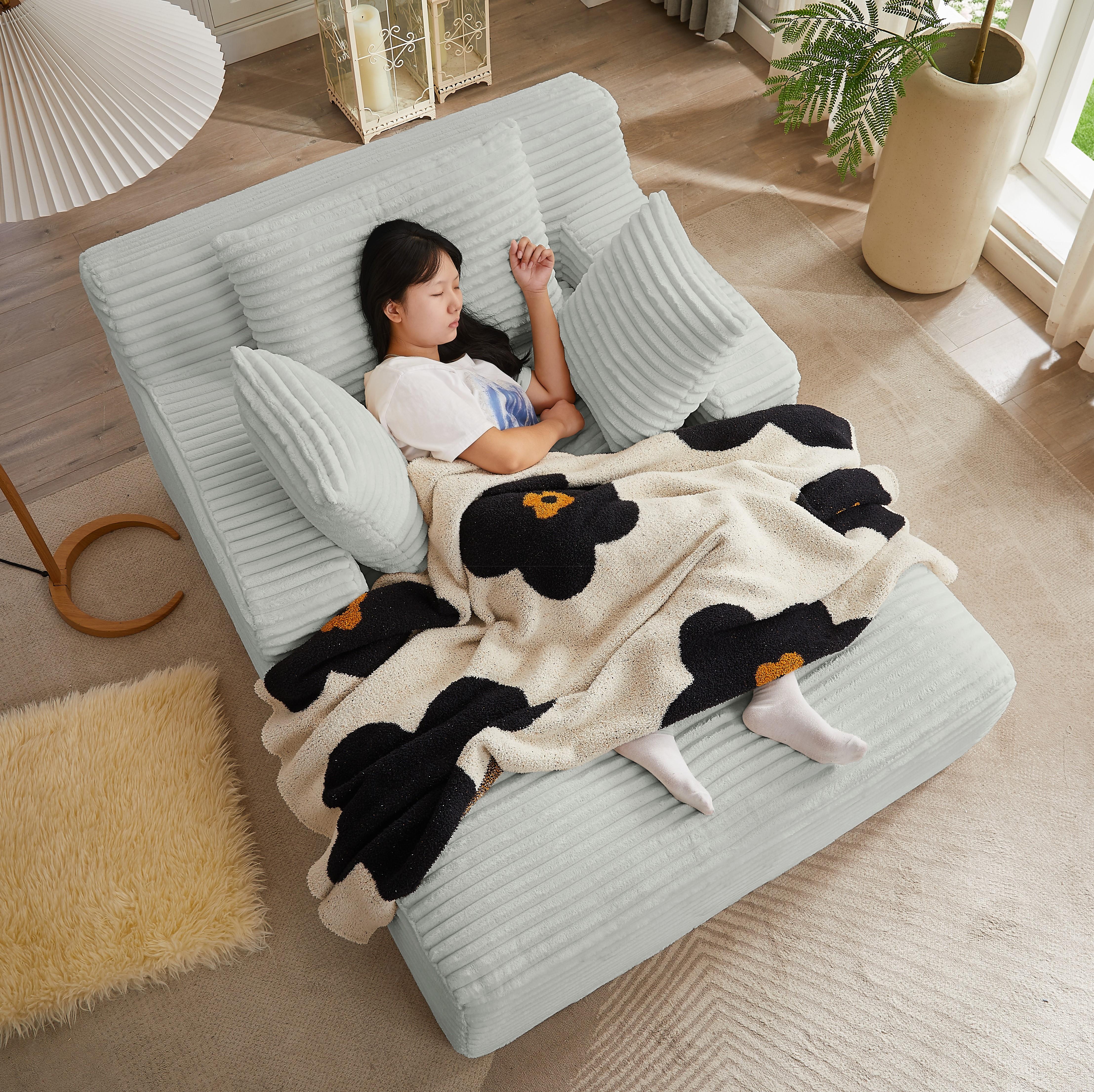 Boneless Couch Bed Chaise Oversized Lounge Series Plush Corduroy 1200LBS Load Bearing ，With Cup holder ，With Storage bag，No Assembly Required 24 Months Warranty，Upholstered Fluffy cloud sofa bed with Throw Pillows,Indoor Sleeper Chair