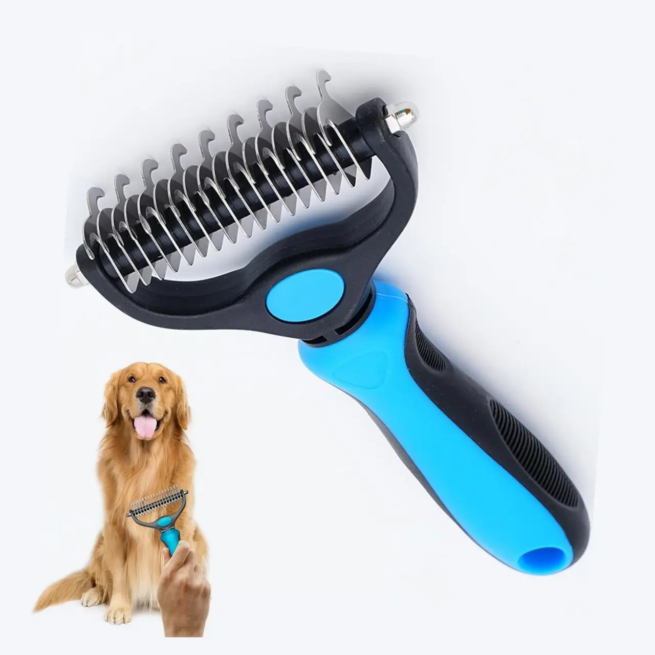 Pet Grooming Brush – Double Sided Hurtless Shedding and Dematting Undercoat Rake Comb for Dogs and Cats, No More Nasty Shedding or Flying Hair, Extra-Wide Dog Grooming Brush, Pet Grooming Tool, Self Grooming Brush, Christmas Pet Supplies Gift