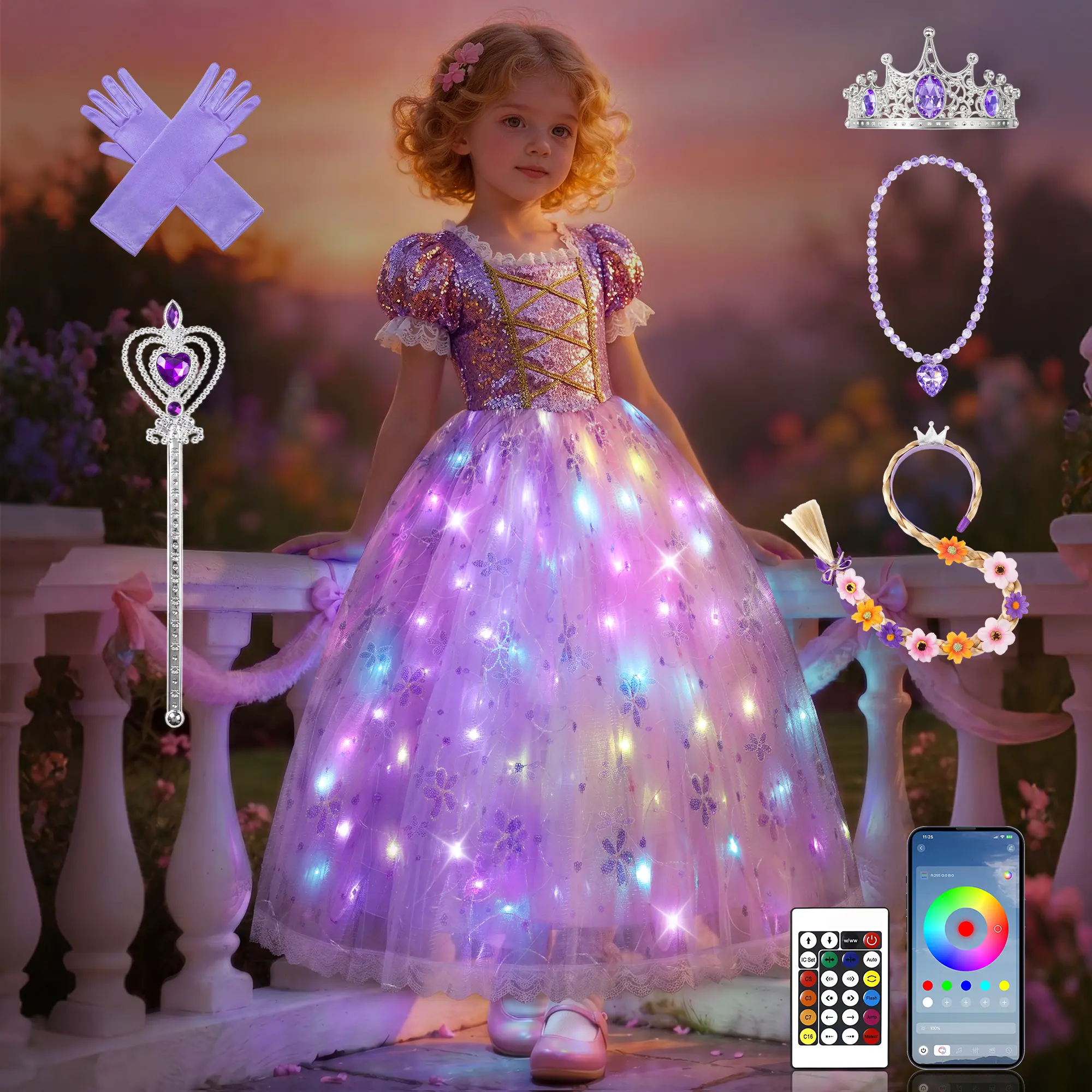 UPORPOR Girls' Light-Up Violet Princess Dress - Polyester/Cotton Outfit with 100+ LED Light Modes, Music Sync & Accessories, Party Costume Accessory for Ages 3-9, Led Lights