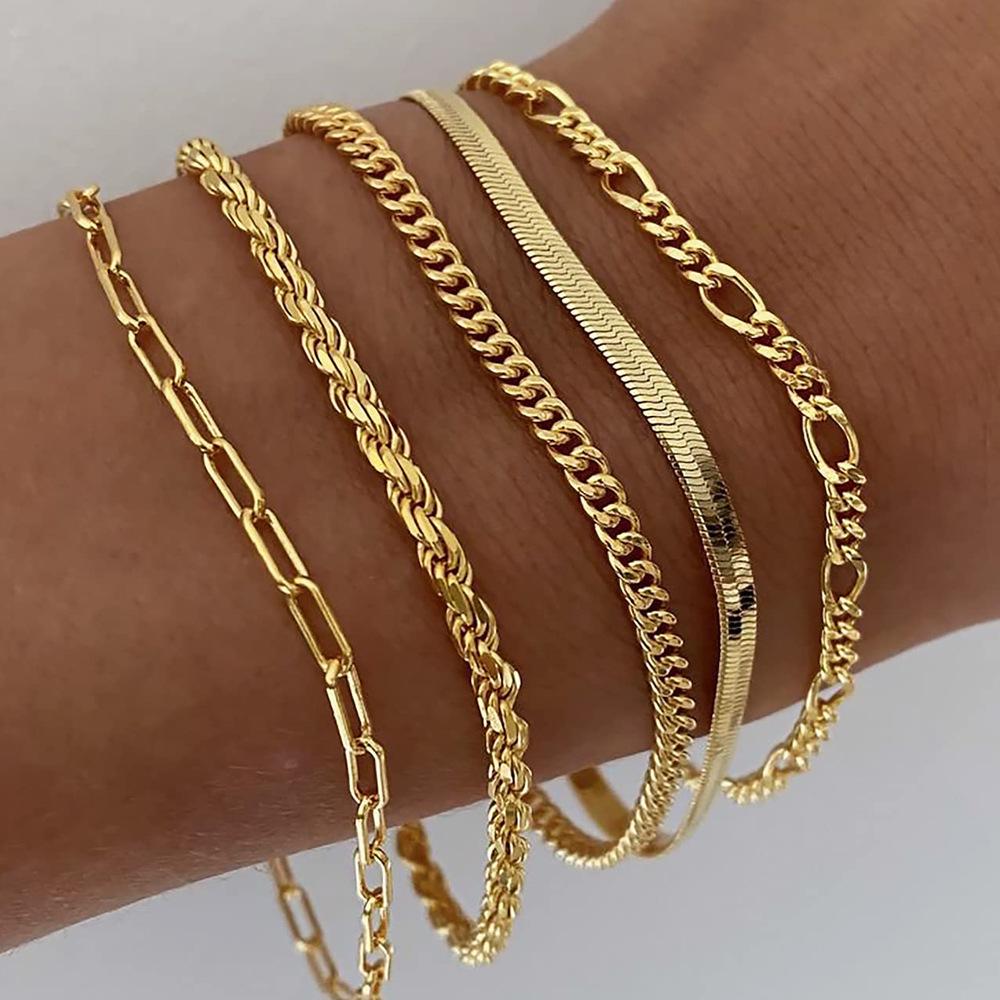 MISSAIR 14K Gold-Plated Trendy Bracelet Set for Women - Thin Dainty Stackable Cuban & Paperclip Chain Bracelets Minimalist Elegant Jewelry Gift Set