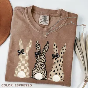 Comfort Colors Neutral Easter Bunnies Tshirt Leopard Checkered Patterns Coquette T-shirt Trendy Gift For Her