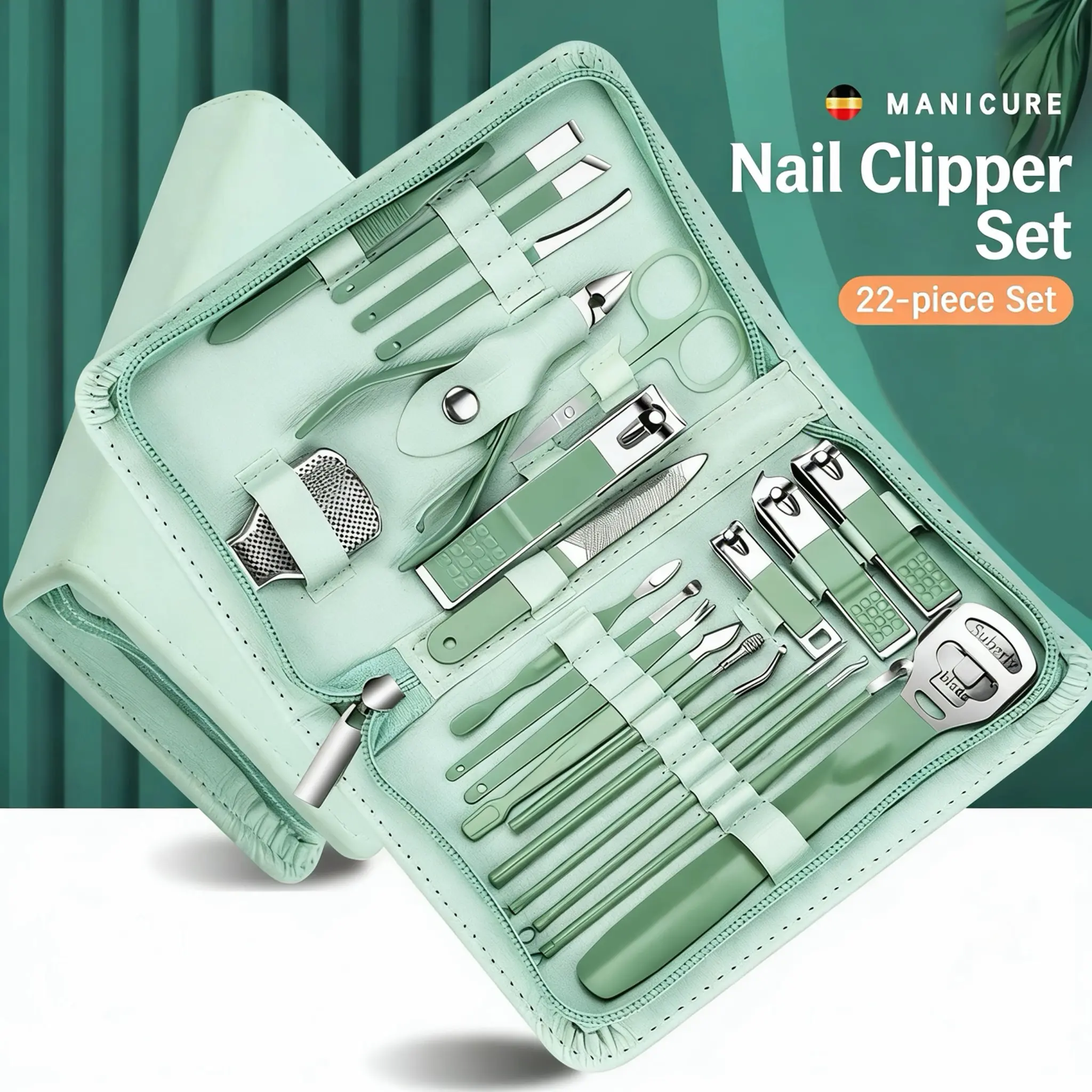 Professional Nail Clipper Pedicure Set,Manicure Set Personal Care, Nail Clipper Kit,Nail Tools with Luxurious Travel Case, Gifts for Men Women Family Friend,Green (22 Pieces) Keratin Stainless