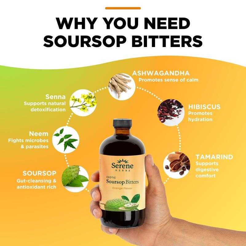 Serene Herbs Soursop Bitters Liquid Orange with Soursop Leaves for Gut Cleanse, Detox, Digestive Wellness & Immune Boost with Black Seed, Moringa, Irish Moss, Ashwaganda, Turmeric (16 FL oz, Orange)