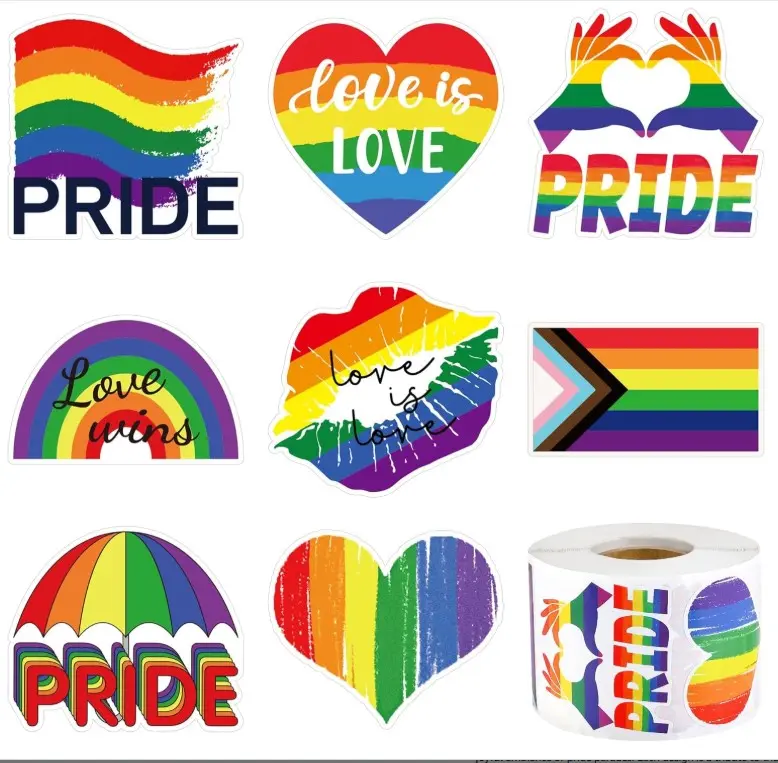 500 Pieces LGBTQ Pride Stickers Roll 8 Design Gay Pride Decal Stickers Self-Adhesive Rainbow Stripe Heart Stickers for Parades and Events