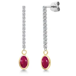 14K Two Tone Gold Red Ruby and Lab Grown Diamond Dangle Earrings for Women | 2.36 Cttw | Gemstone July Birthstone | Oval 7X5MM