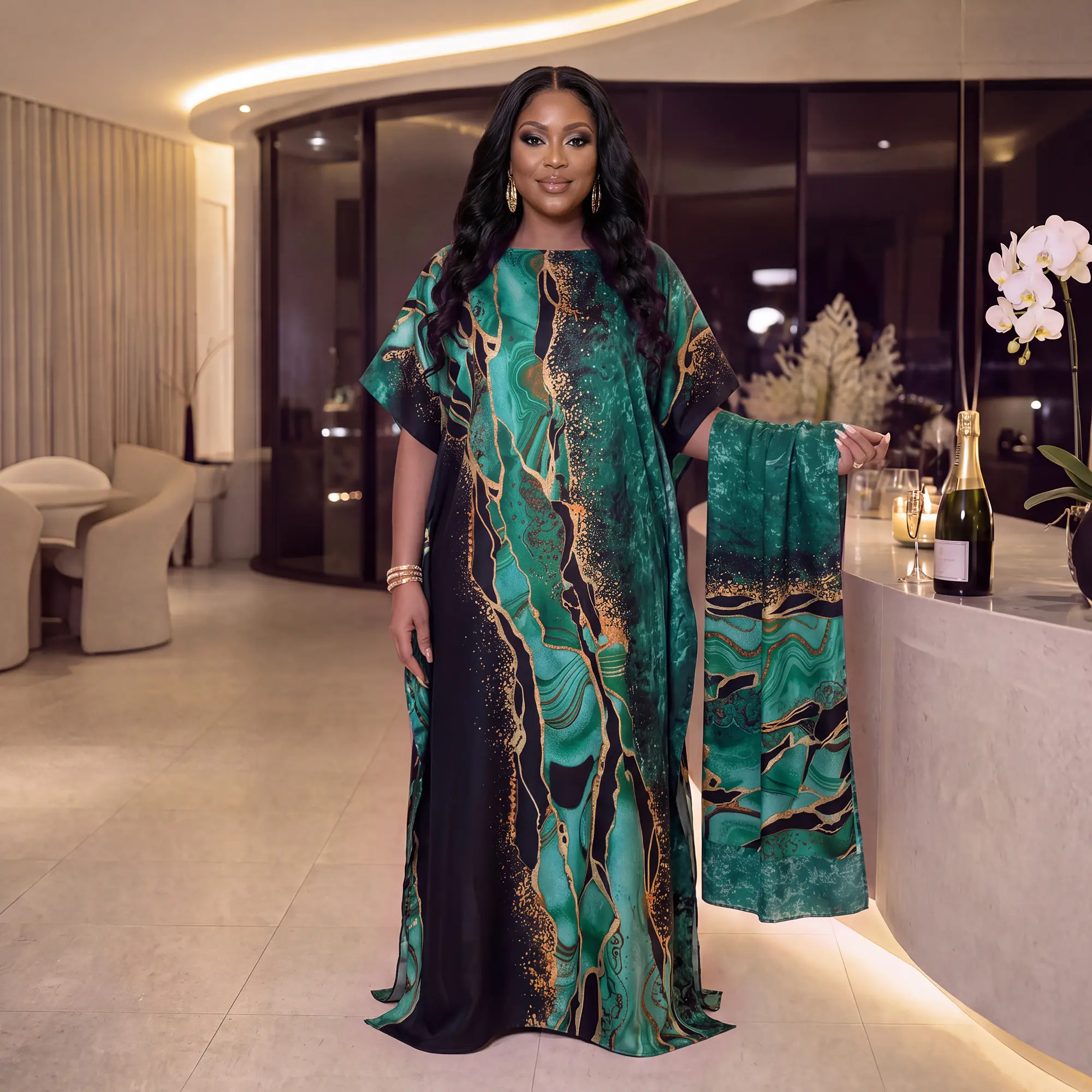 Moomoo Luxury African Print Satin Kaftan Robe - Chic Oversized Long Maxi Dress With Shawl Accessory, Bohemian Style Women's Piece For Evening & Casual Outfits, Accessories