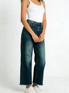 Straight Wide Leg Jeans for Women Mid Waisted Casual Raw Hem Denim Capris Pants with Pockets High Stretch Fabric Comfortable Fit