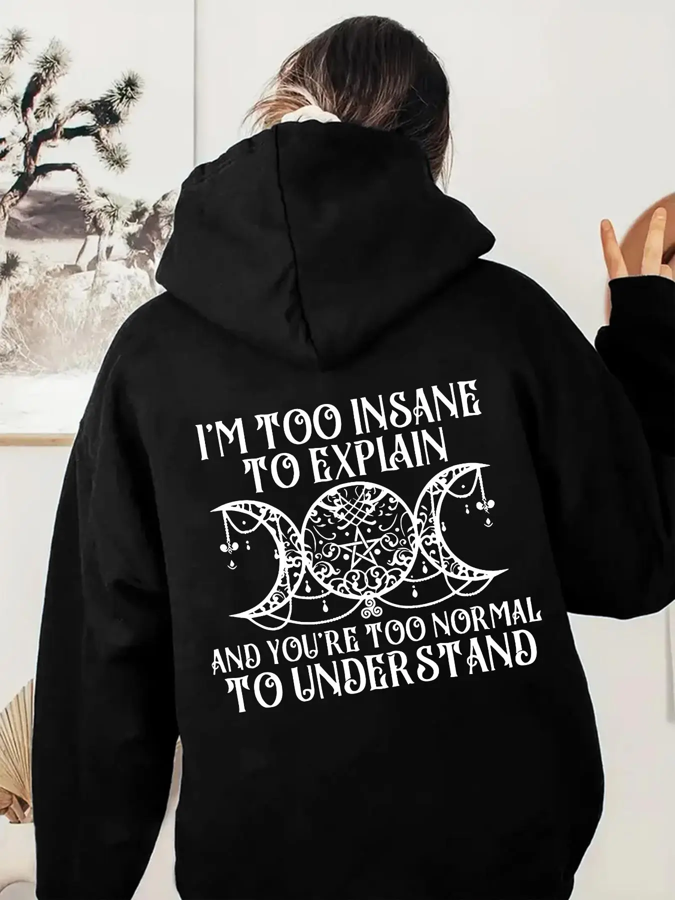 Women's Letter & Moon Print Drop Shoulder Hoodie, Graphic Hoodies, Fashion Casual Drawstring Pocket Hooded Sweatshirt for Daily Holiday Outdoor Wear, Ladies Clothes for Fall & Winter