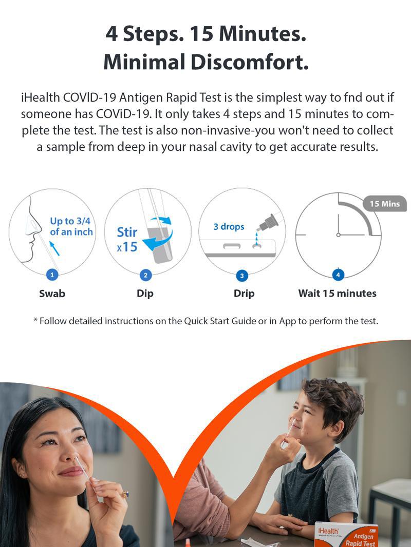 iHealth COVID-19 Antigen Rapid Test, 1 Pack, 2 Tests Total, FDA EUA Authorized OTC at-Home Self Test, Results in 15 Minutes with Non-invasive Nasal Swab, Easy to Use & No Discomfort