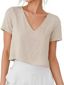 IDEALSANXUN Womens Short Sleeve Linen Shirts Casual Spring Summer V Neck Cute Crop Beach Blouse Tops Womenswear Basic Minimalist Shortsleeve Vneck Flowy Ruched Floral Tank