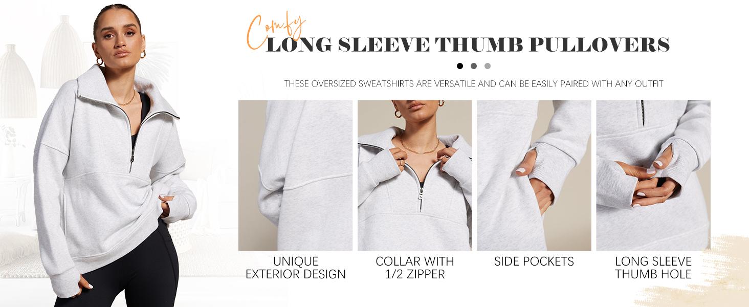 Fisoew Womens Sweatshirts Half Zipper Crop Pullover Funnel Neck Fleece Lined Zip Up Long Sleeve Tops Thumb Hole