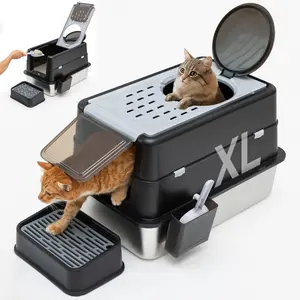 Stainless Steel Litter Box, XL Top Entry Cat Litter Box with Flip Lid, High Side Large Top Front Dual Exit Enclosed Cat Litter Pan Tray with Litter Scoop and Foot Pedal, Easy Cleaning, Anti-Leakage