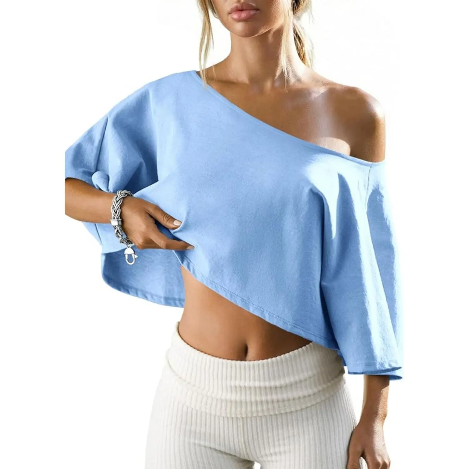 Fisoew Women's Off-Shoulder Cotton Crop Top, Loose Batwing Sleeve Asymmetrical Tee, Cute Tops for Summer Vacation & Loungewear, Tops For Women
