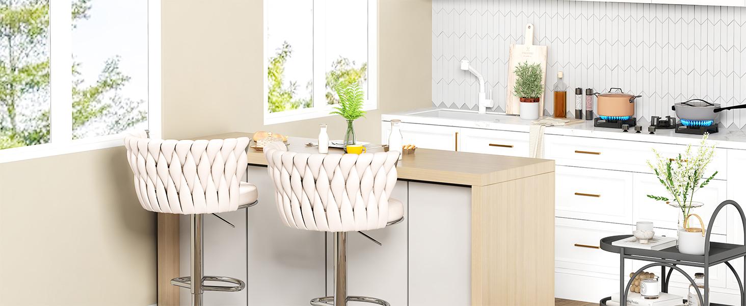 AWQM Velvet Bar Stools Set of 2, Modern Swivel Bar Chairs with Adjustable Height, Upholstered Kitchen Island Chairs in Beige, Black, or Grey