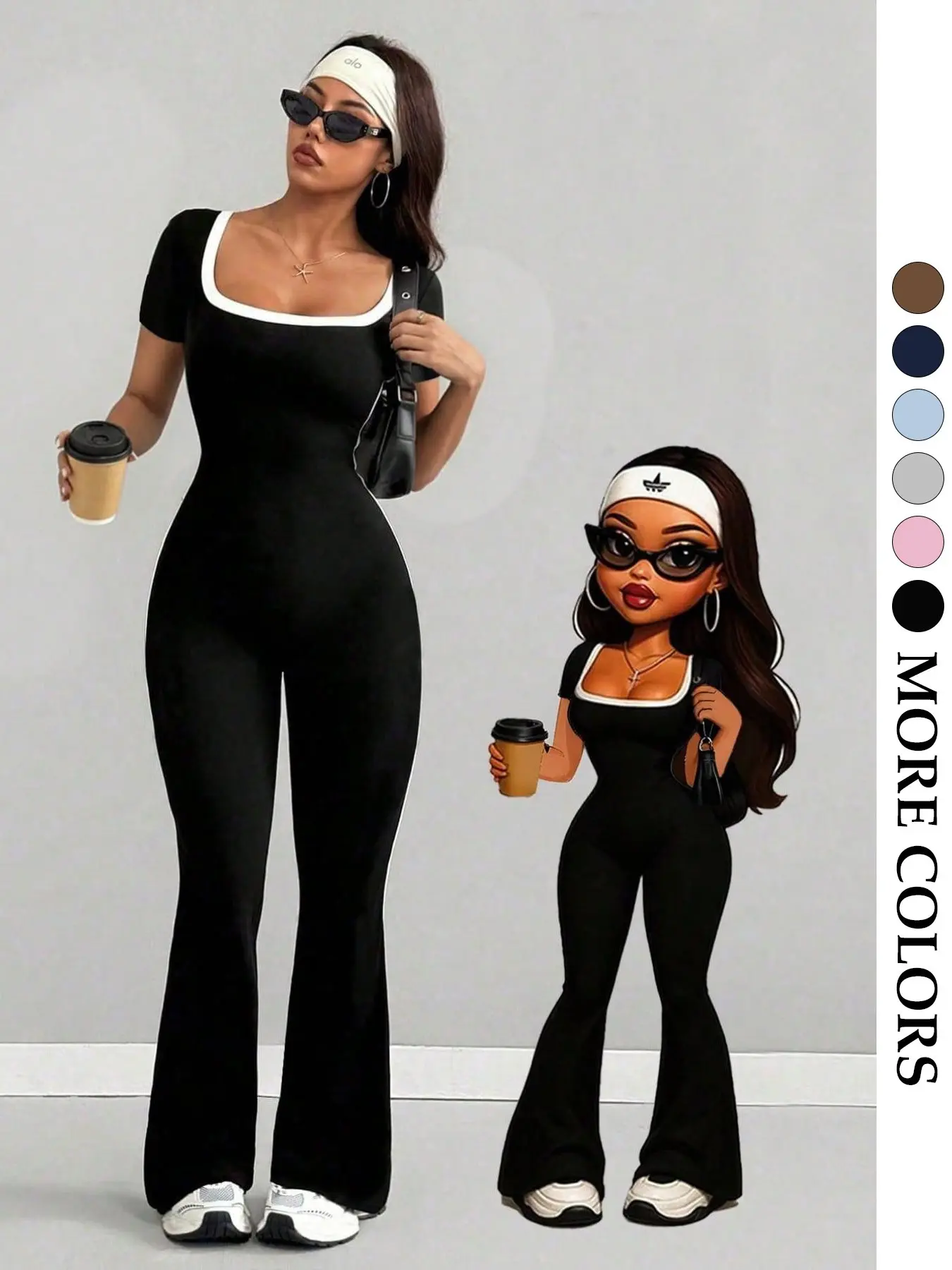 Women's Slim-Fit Square Neck Flare-Leg Jumpsuit, Backless Contrast Binding Short Sleeve Jumpsuit, All-Season Sportswear, Stretchy Sports Jumpsuit, Flared Sports Jumpsuit