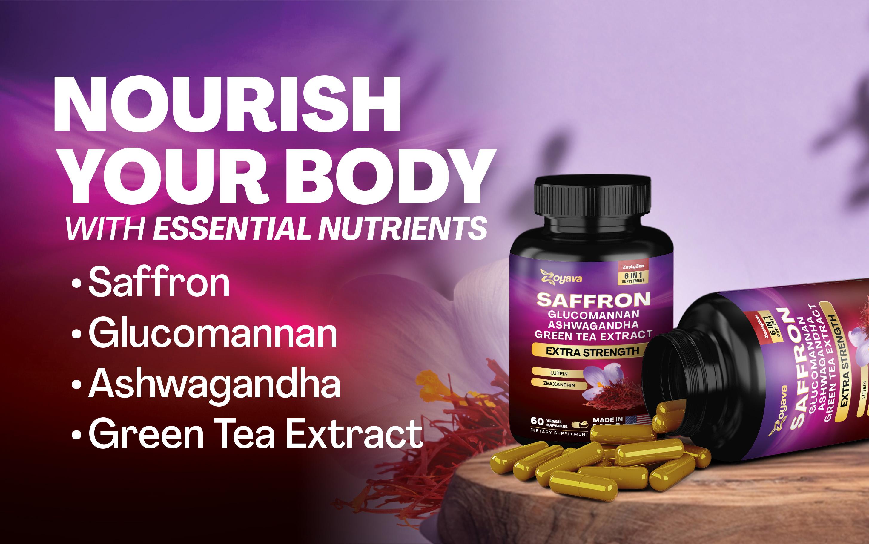 Zoyava Saffron All-in-One Supplements - Extra Strength Formula with Glocomannan, Ashwagandha, & Green Tea Extract for Happier You - 60 Capsules - Made in USA Zoyava Saffron All-in-One Supplements - Extra Strength Formula with Glocomannan, Ashwagandha, & Green Tea Extract for Happier You - 60 Capsules - Made in USA