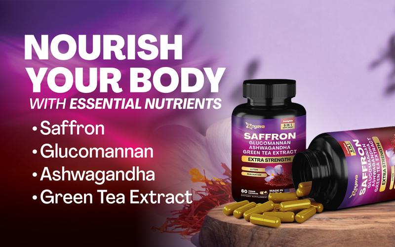 Zoyava Saffron All-in-One Supplements - Extra Strength Formula with Glocomannan, Ashwagandha, & Green Tea Extract for Happier You - 60 Capsules - Made in USA