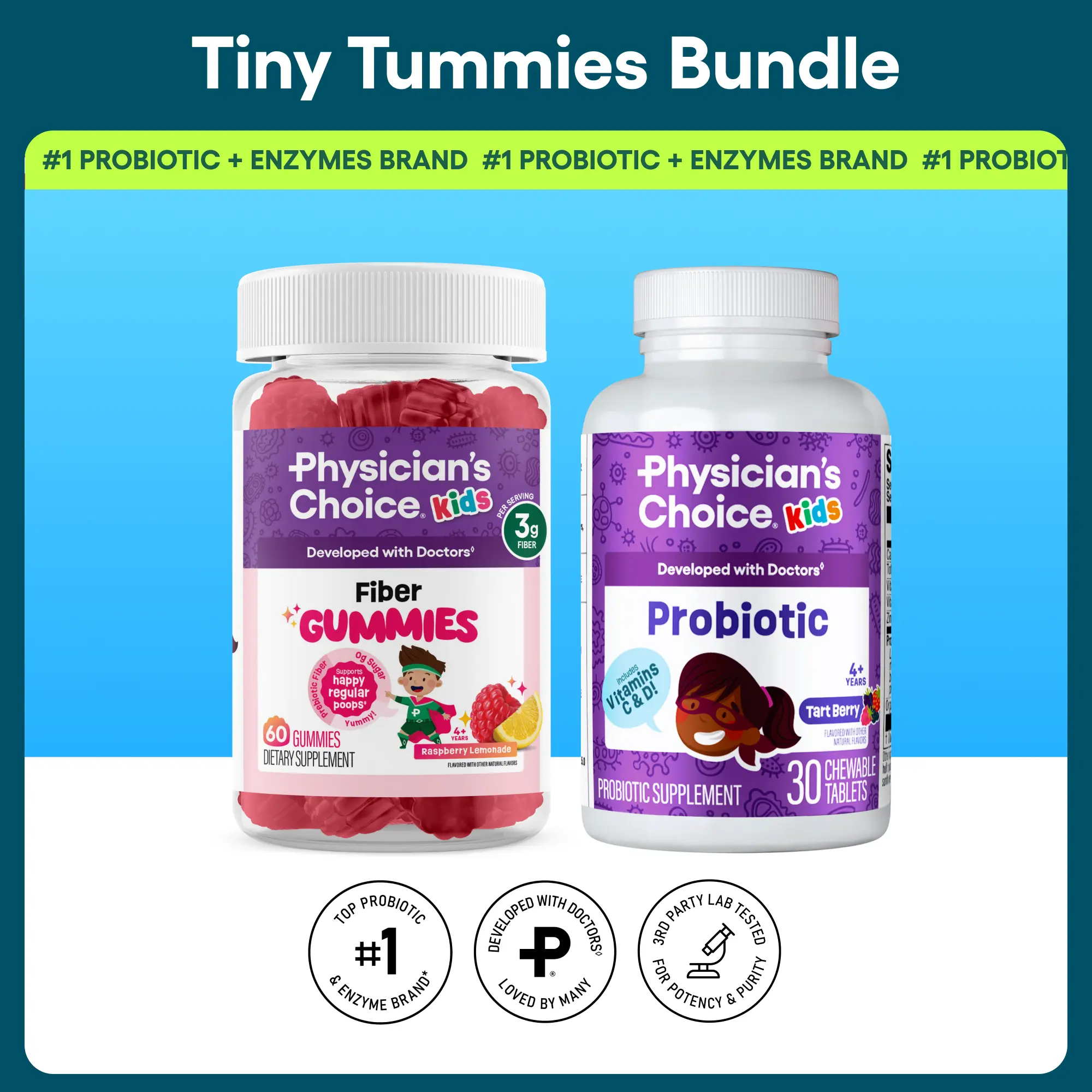 Physician's Choice Tiny Tummies Bundle: Kids Digestive & Immune Health with Prebiotic Fiber Gummies & Probiotic