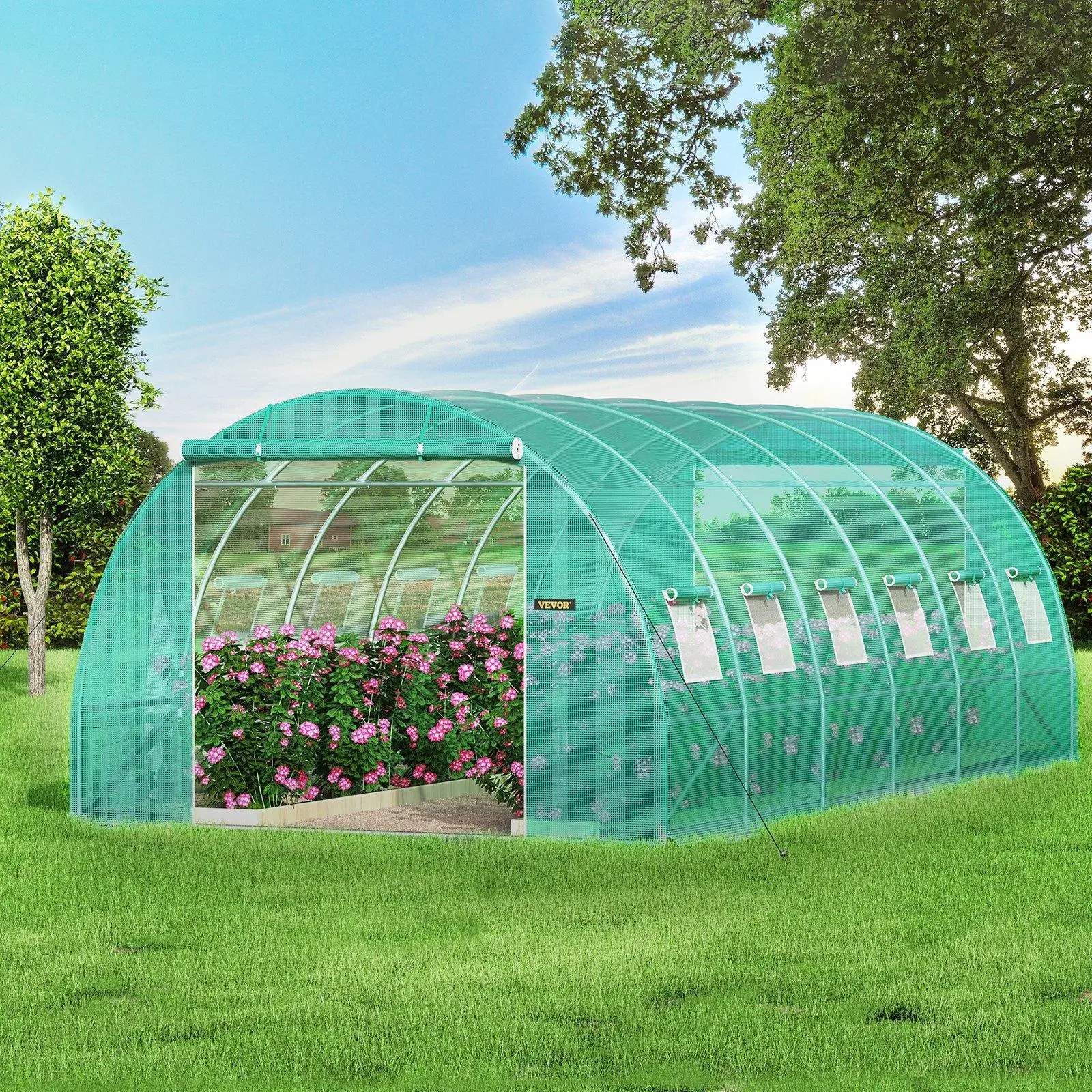 【Summerfinds】VEVOR Outdoor Metal Walk-in Tunnel Greenhouse, Portable Plant Hot House with Galvanized Steel Hoops, 3 Top Beams, Diagonal Poles, Zippered Doors & Roll-up Mesh Windows for Cross Ventilation, Ideal for Veggies & Flowers, Modern, Mesh Windows B