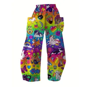 [Unicorn Pants] Loose Fit Women's Cartoon Unicorn & Star Print Wide-Leg Pants |   Relaxed Style, All-Season Casual Wear, Vibrant Blue Background with Colorful Accents, Casual Attire | Playful Print | Comfortable Fit No.262