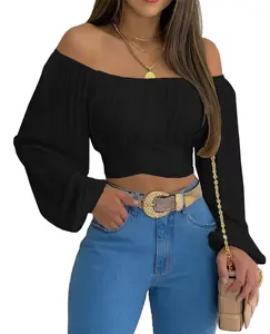 Tankaneo Woman Off Shoulder Ruched Tie Back Crop Top Summer Lantern Sleeve Boho Shirt Blouse Soft Polyester