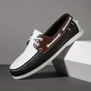 [Retro Boat Shoes] Retro British Style Men's Lace-Up Boat Shoes |       EVA Cushioned Sole, All-Season Comfort, Black & White Colorway for Casual & Formal Wear, Nautical Accessories