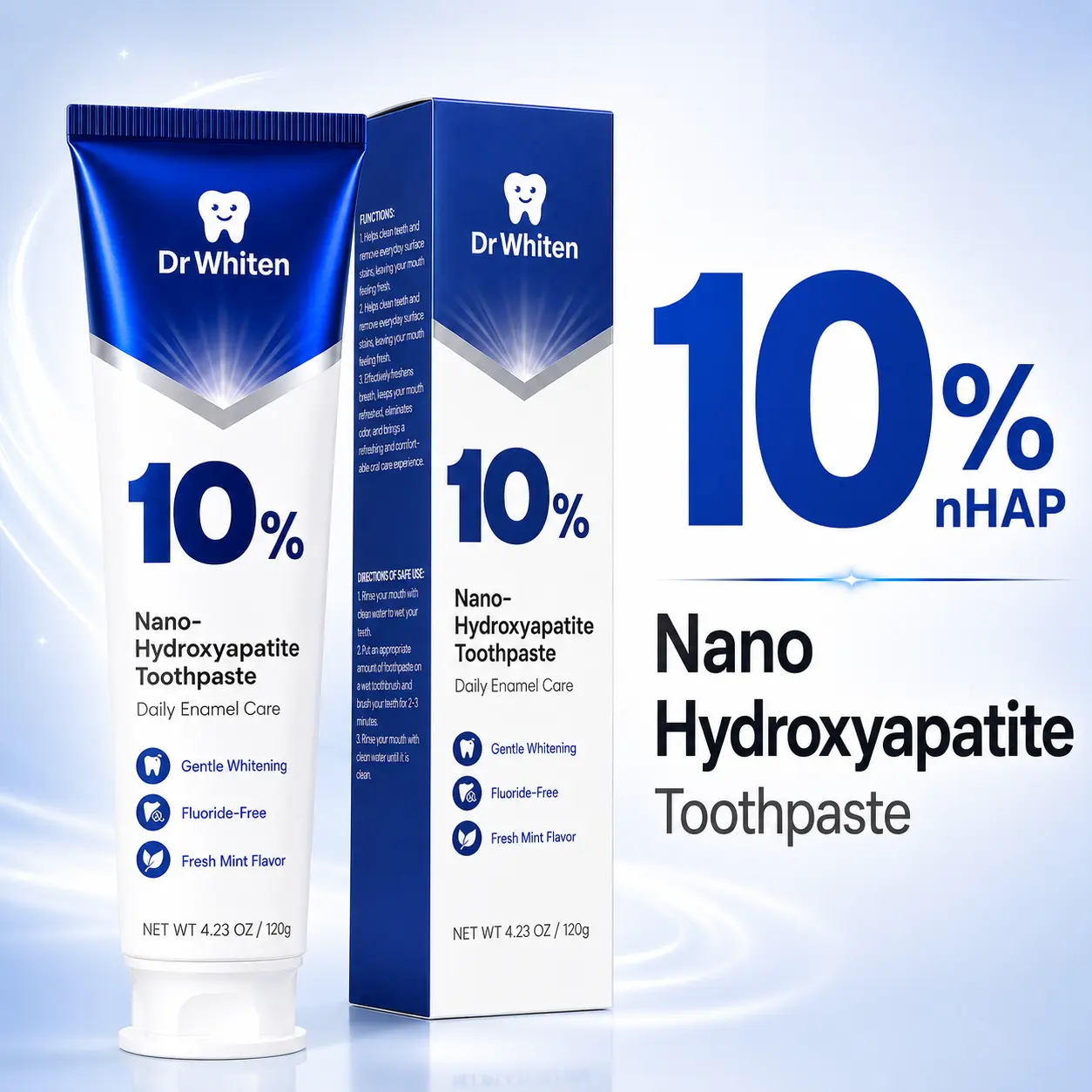 DrWhiten 10% Nano Hydroxyapatite Performance Whitening Toothpaste - Fluoride-Free, Gentle Whitening, Deep Clean - NASA-Developed nHA, Clinically Supported, Dentist-Formulated Baking Upgrade - 4.32oz Radiant Mint for Strong, Bright, Smooth Teeth