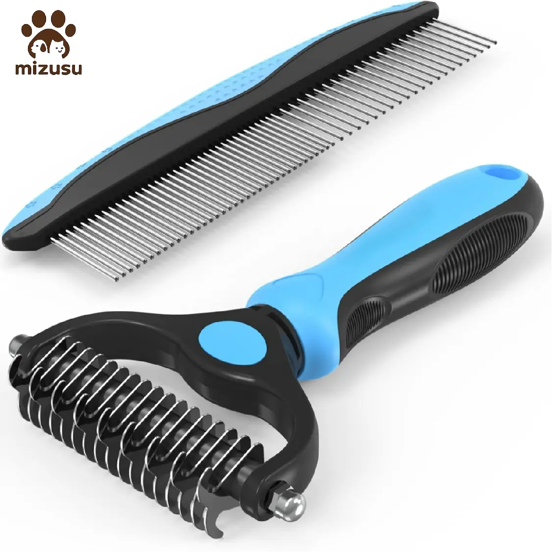 Mizusu Pet Grooming Combo with Blue Deshedding Brush and Metal Comb - Grooming Accessories for Detangling, Dematting Long Matted Fur on Cats, Dogs, Deshedding Combs, Grooming Goods, Shedding Grooming Kit