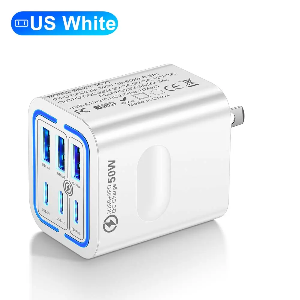 KAXOE 50W Portable 6-Port USB C & USB A Square Charging Station, Mobile Charger Cube Plug for iPhone 16/15/14/13 Pro Max Plus, iPad, Samsung Devices, Cool Gadgets, Iphone Charger,back to school,back to school haul