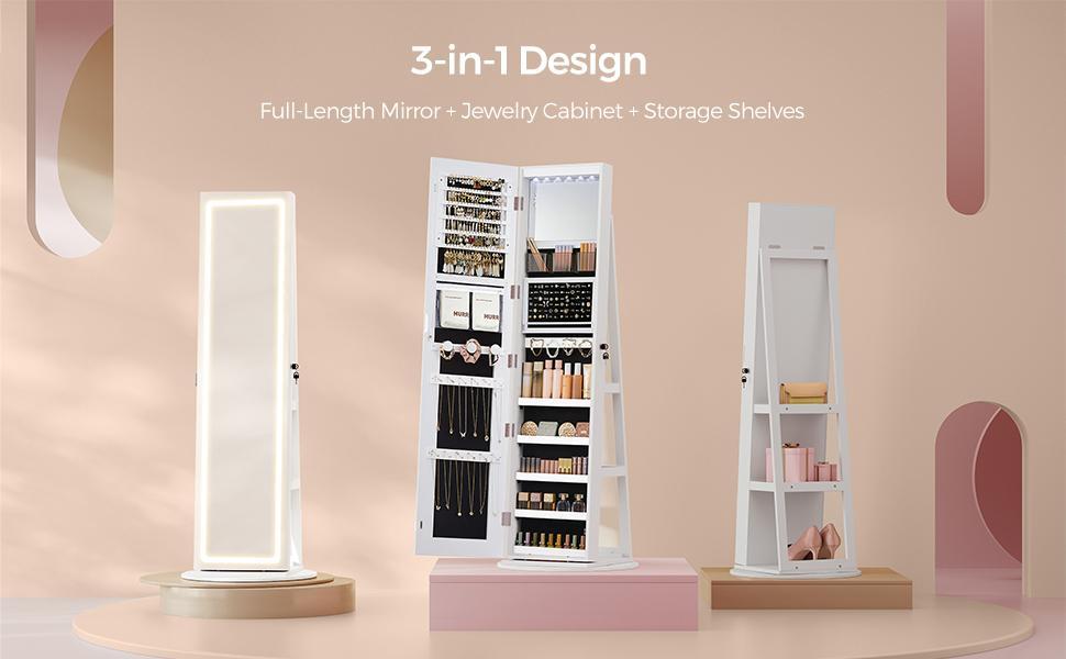 SONGMICS LEDs Lockable Jewelry Mirror Cabinet,Standing Jewelry Armoire,, Frameless Full-Length Mirror, 3 Storage Shelves Gift Idea