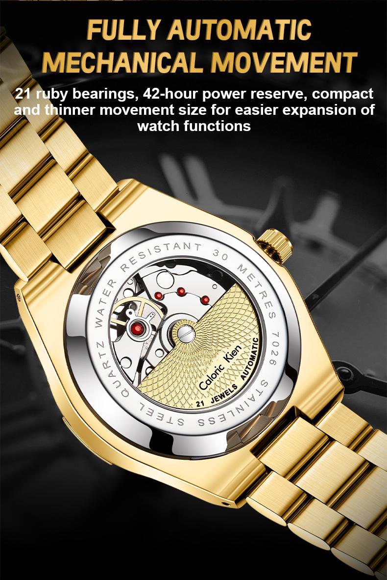 Calonic Kien Men's Luxury Swiss Automatic Gold Watch with Dual Calendar 42mm Stainless Steel Band Luminous Display Water Resistance Buckle