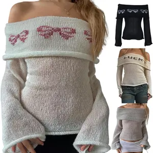 Women Y2k Off Shoulder Sweaters Bow Print Chest Folding Boat Neck Long SleeveFit Crochet Knitted Pullover Tops Fall Vintage Retro Streetwear Knitwear Womenswear
