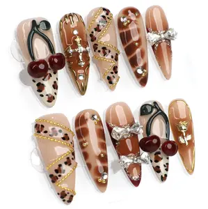 PG33 Stiletto Shape CHERRY MOCHA Handmade gel nail polish set Press On Nails Art with Decorative Cherries and Bow Accents for Stylish Manicures press on acrylic nail kit set