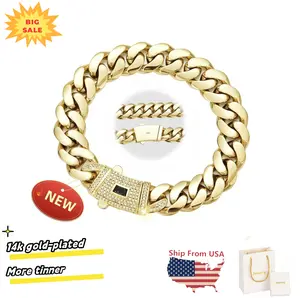 [Newly upgraded] 14K Gold-Plated Cuban Link Bracelet For Women And Men Stainless Steel With Iced Out Zircon Clasp Fashion Hip Hop Jewelry Gift